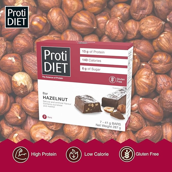 ProtiDIET Hazelnut Chocolate High Protein Bars- No Trans Fat, GMO Free, Gluten-Free Bars, Perfect On-The-Go Healthy Protein Snack - 7 Protein Bars Per Box