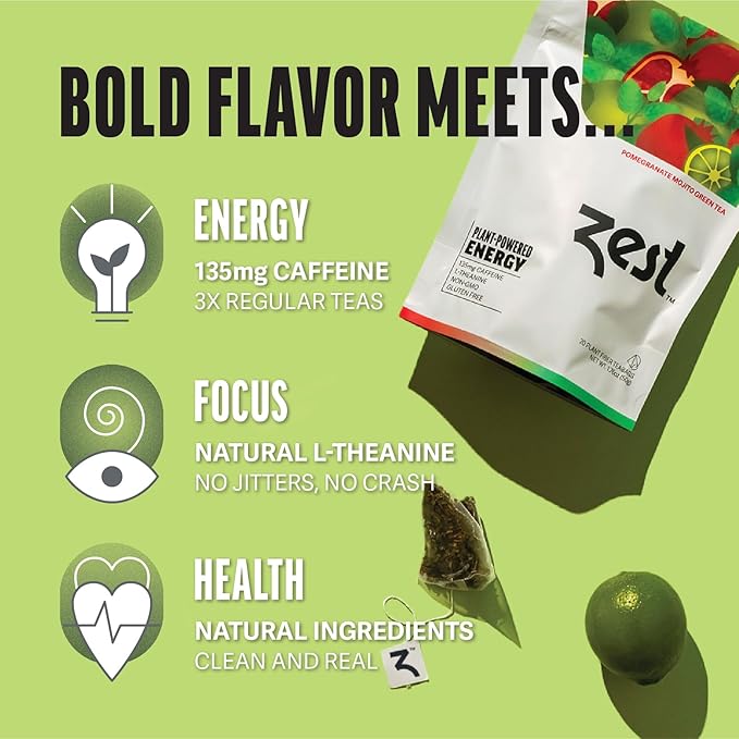 Zest Energy Green Tea - Pomegranate Mojito - High Caffeine Peppermint Tea Bags - Caffeinated Coffee Altnernative/Substitute - Natural, Non-GMO & Keto Friendly - Hot or Iced - 20Ct Pack - 135mg Caf