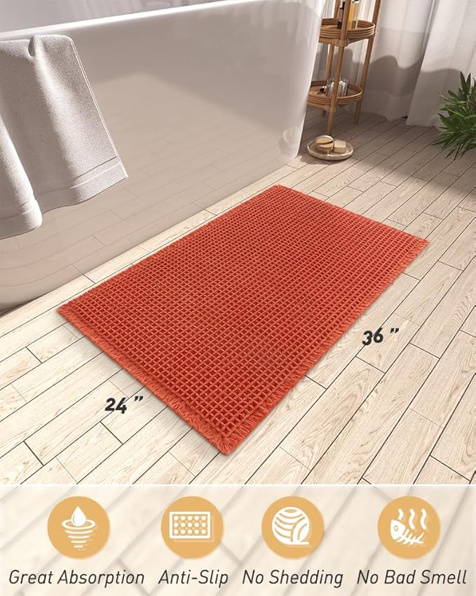 AMOAMI Upgraded Waffle Bath Mat, Super Absorbent Non Slip Bath Mats for Bathroom Floor, Machine Washable Bathroom Rugs with Tassels, Rubber Backed Bathroom Mats, Ultra Soft, 24" x 36", Orange