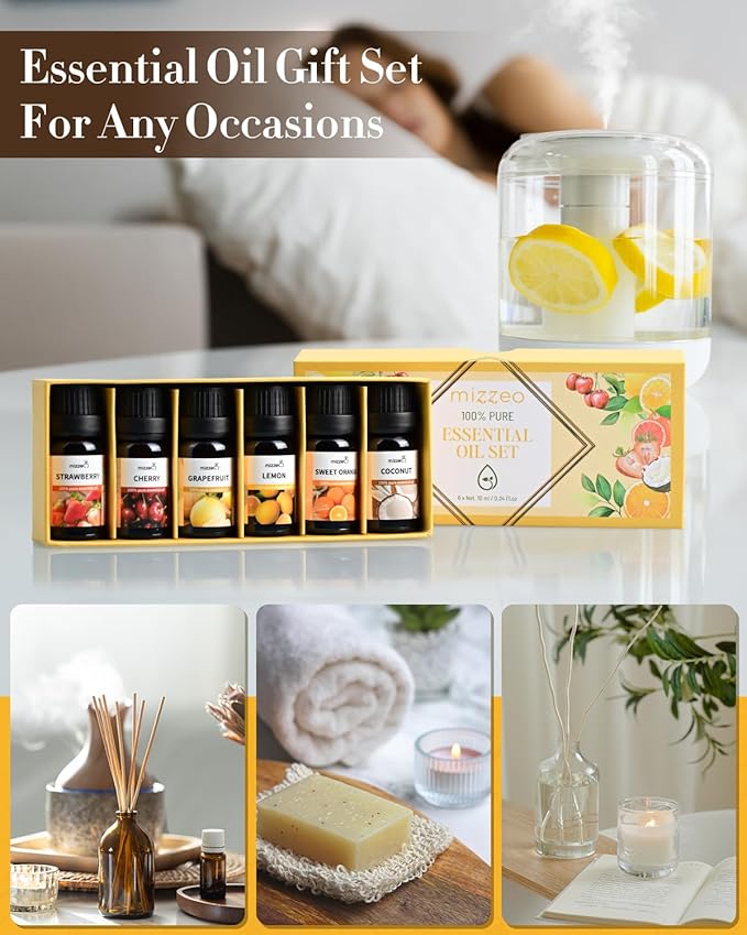 MIZZEO Fruity Essential Oil Set, Premium Pure & Natural Aromatherapy Essential Oils for Home, 6 * 10 ML Diffuser Oil Gift Set- Cherry,Sweet Orange,Strawberry,Coconut,Lemon,Grapefruit
