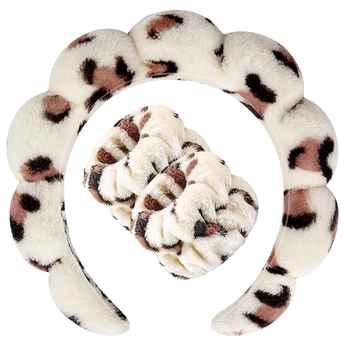 Zkptops Spa Headband for Washing Face Wristband Set Sponge Makeup Skincare Headband Wrist Plush Bubble Get Ready Hairbands for Women Puffy Headwear Non Slip Thick Thin Hair Accessory(Beige Leopard)