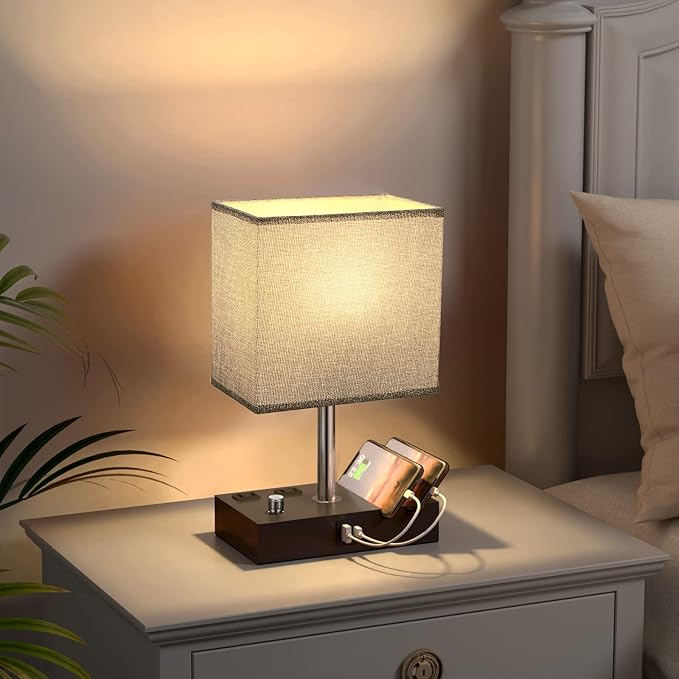 Kakanuo Fully Dimmable Bedside Lamps for Bedroom with USB C Ports, Grey USB Table Lamp Set of 2, Wooden Desk Lamp with 2 Charging Outlets and Phone Stand for Nightstand and Living Room, Bulb Included