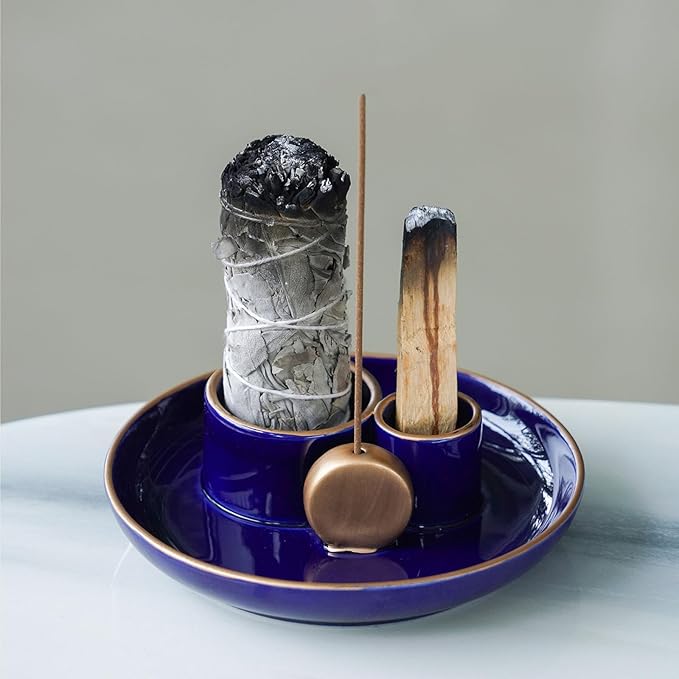 4 in 1 Incense Holder, Ceramic Incense Stick and Palo Santo Holder,Sage Holder for Burning- 5.5" Ceramic Ash Catcher Tray for Meditation and Yoga Room (Blue Golden)