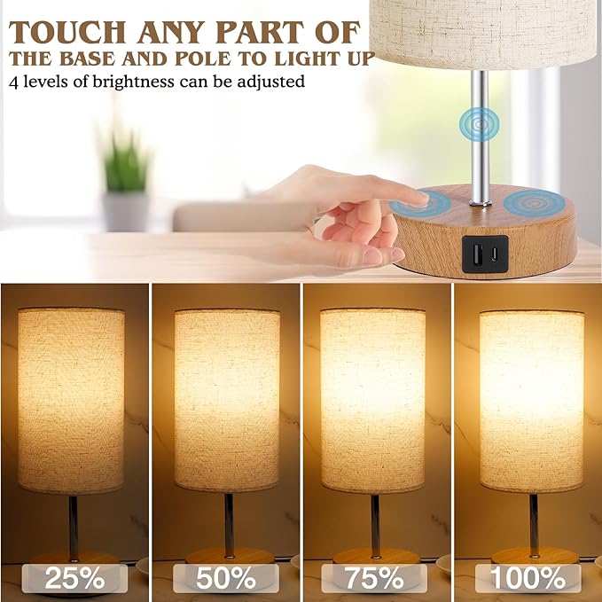 Bedside Table Lamp for Bedroom - 4 Way Dimmable Touch Lamp with USB and Type-C Charge Port,Small Wood Base Round Flaxen Fabric Shade Lamp Living Room,Bedroom Use (Yellow Base, 2Pack)