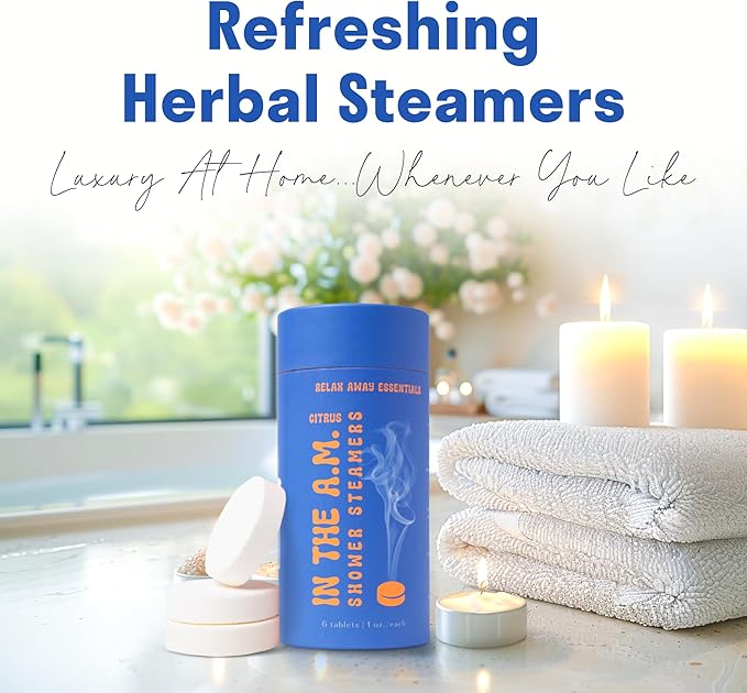 Relax Away in The A.M. Shower Steamers 6 Pack - Energizing Citrus Blends - Pure, Burst, Mist, Glow, Meadow, Spa - Uplifting & Rejuvenating - Essential Oil Aromatherapy - User-Friendly Set