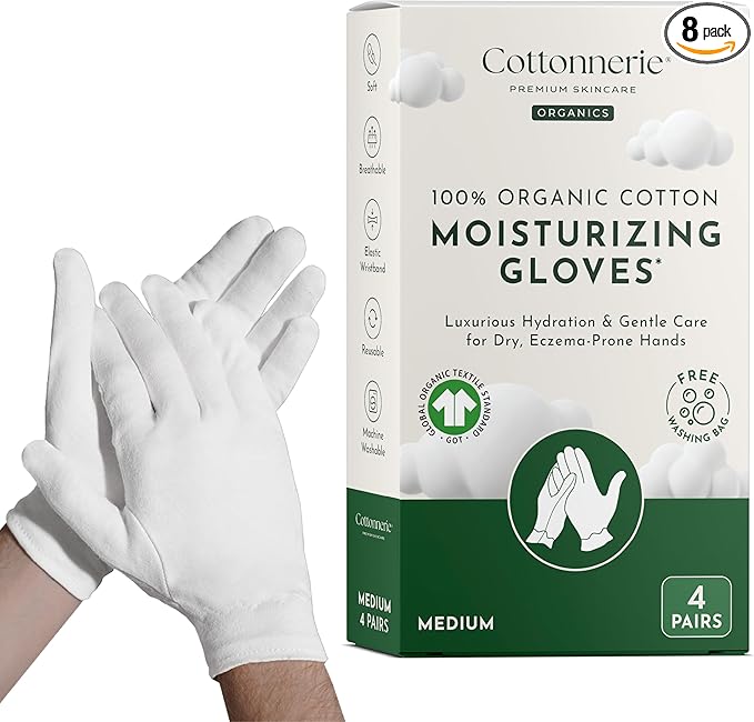 Cottonnerie Organic Cotton Gloves for Dry Hands Sleeping, Moisturizing Gloves Overnight, Hand Moisturizer Gloves, Moisture Gloves for Dry Hands Overnight, Sleeping Gloves, Medium 4 Pairs