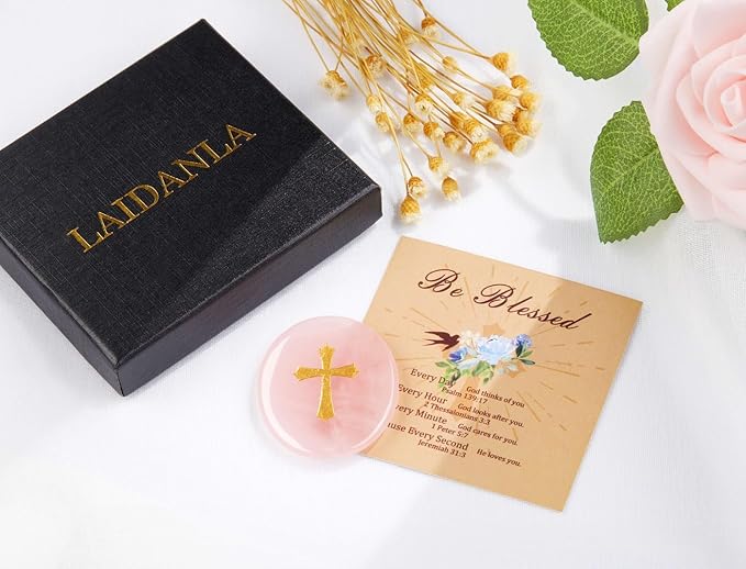 LAIDANLA Rose Quartz Cross Engraved Healing Crystal Worry Stones for Pray Faith Anxiety Relief Oval Palm Stone Polished Natural Crystal Gifts