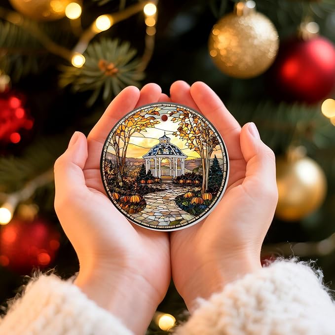 Ceramic Christmas Ornament 2025 – Scenic Village Landscape Round Ornament – Double-Sided UV Printed Holiday Tree Decor Gift for Men Women
