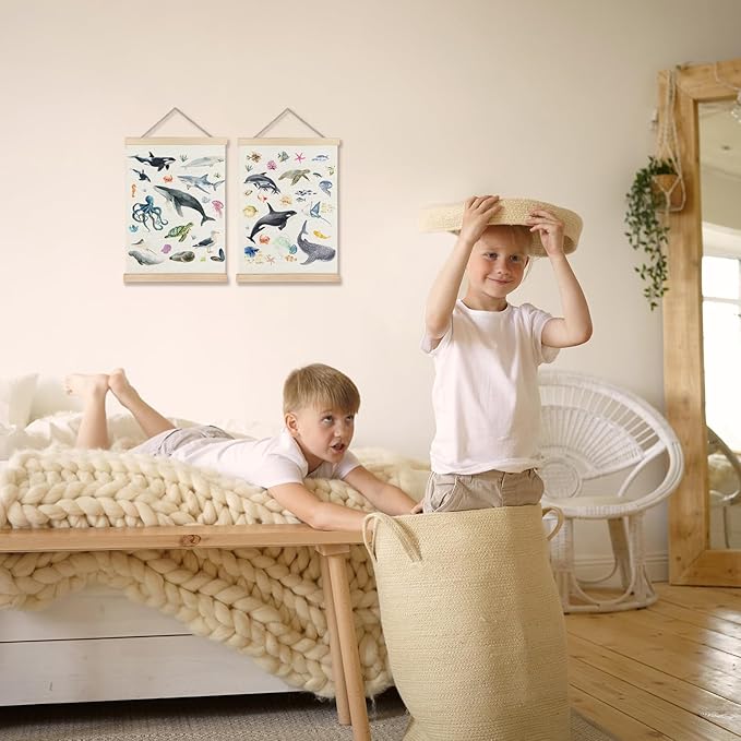 Exqcom Ocean Nursery Decor, Coastal Beach Sea Animal Wall Art Poster, Under the Sea Shark Whale Octopus Turtle Ocean Marine Life Posters for Kids Room Nursery Playroom Classroom, 12x16 Inches Set of 2