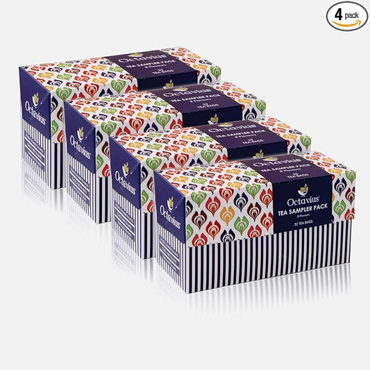Octavius Tea Sampler Pack | 8 Assorted Black & Green Teas | 32 Premium Tea Bags | Variety Sampler Pack | Pack of 4