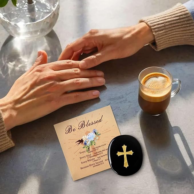 LAIDANLA Black Obsidian Cross Engraved Healing Crystal Worry Stones for Pray Faith Anxiety Relief Oval Palm Stone Polished Natural Crystal Gifts