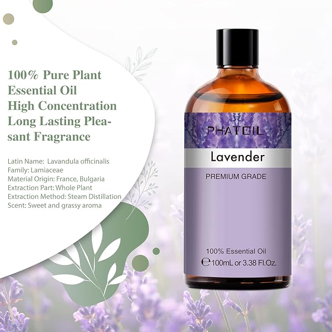 Lavender 3.38fl.oz Essential Oil, PHATOIL Aromatherapy Essential Oils for Diffuser, Humidifier, Perfect for DIY Soap, Candle, Bath Bombs Making(100ml)