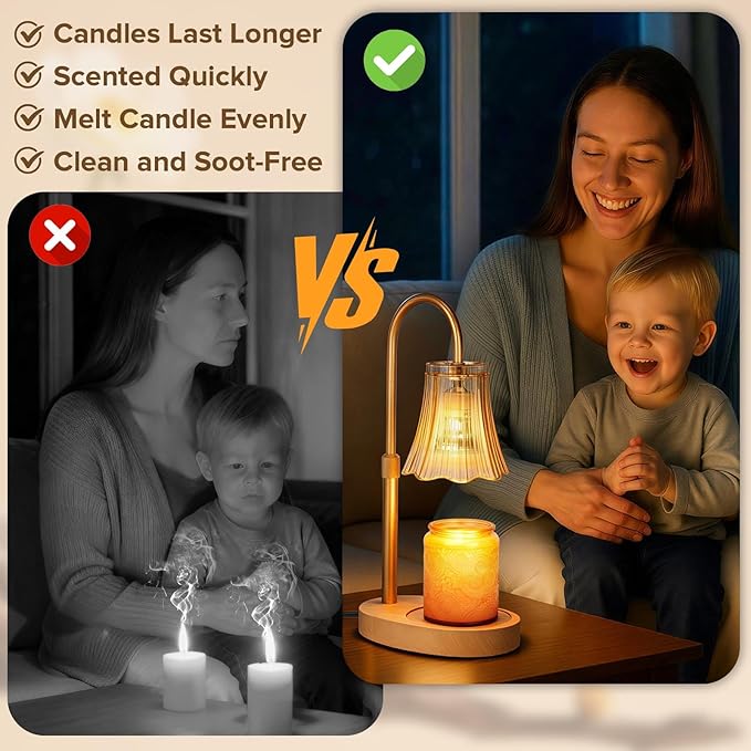 Candle Warmer Lamp with Timer, 4-Level Dimmable & Height Adjustable,Wax Melt Warmer for Jar Candles, Unique Design Enhances Home Ambiance (Amber)