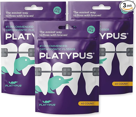 Platypus Orthodontic Flossers for Braces, 40 Count (Pack of 3), Ortho Picks for Adults & Kids, Fits Under Arch Wire, Non-Damaging, Encourage Flossing Habits