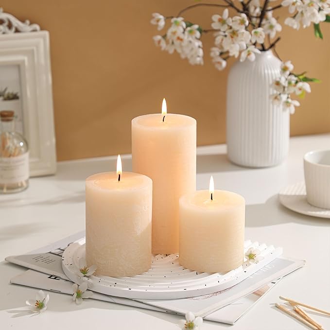 3x3 Inch Ivory Pillar Candles Set of 3 - Hand-Poured Unscented Candles, Long Clean Burning, Large Big Candles, Smokeless Dripless Candles for Dinner Table, Wedding, Home, Bathroom, Rustic Decor
