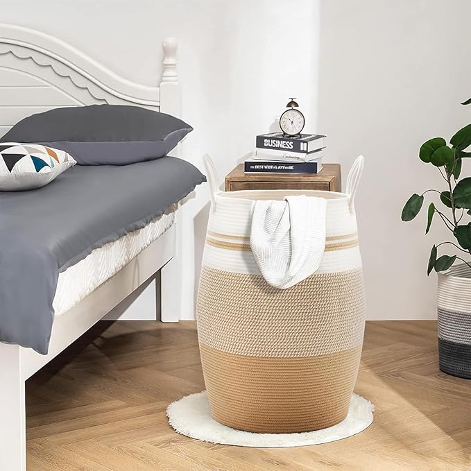 Fiona's magic 105L Extra Large Laundry Hamper Basket, Woven Tall Clothes Hamper for Storage Blanket, Toys and Dirty Cothes in Bedroom and Living Room Organizer, Yellow & White