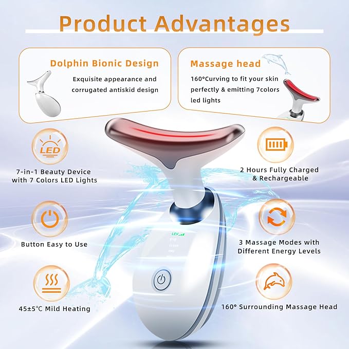 Facial Beauty Device, Based on Triple Action LED, Thermal, and Vibration Technologies for Skin Care, Facial Skin Care Tools, 7 Color Led Face and Neck Beauty Device for Home Use