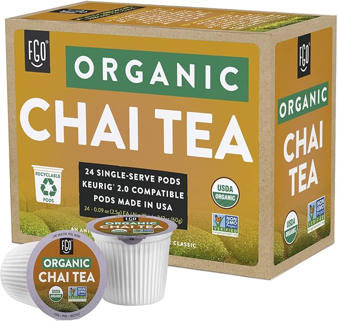 FGO Organic Chai Black Tea K-Cup Pods for Keurig, 24 Count (Pack of 1), Premium Black Tea with Chai Spice is USDA Organic, Non-GMO, & Recyclable with Naturally Occurring Caffeine
