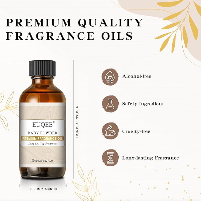 EUQEE Baby Powder Fragrance Oil Premium Fragrance Essential Oil 60ml with Glass Dropper for Aromatherapy, Candle Making, DIY Bath Bombs(2.02 Fl oz)