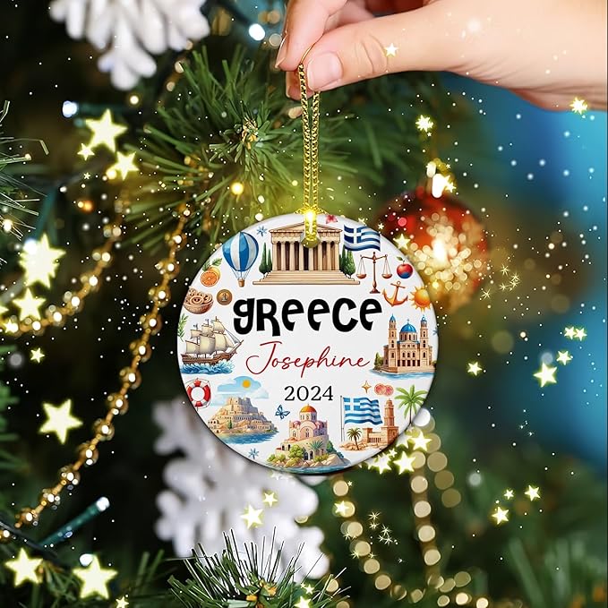 Landmarks and Symbols of Greece Christmas Ornament 2025, Personalized Greece Travel Xmas Ceramic Ornament, Greece City Souvenir Ceramic Ornament, Custom Name Greece Vacation Christmas Keepsake Decor