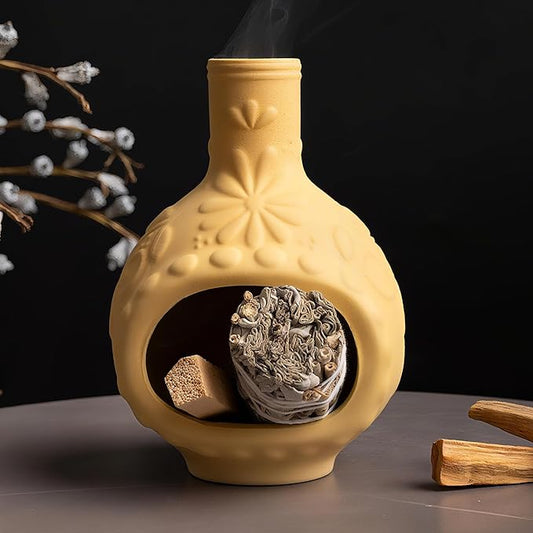 Handmade Ceramic Palo Santo Burner&Incense Holder-Mini Chimenea Dish for Sage Sticks,Copal,and Meditation Decor-Natural Clay Smudge Pot with Aromatic Design,Anxiety Relief Gifts for Women