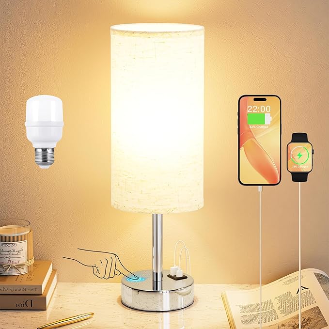 Dicoool Touch Table Lamp for Bedroom Nightstand - Bedside Lamp with USB-C USB-A Charging Ports White, 3 Way Dimmable Small Desk Lamp for Bedroom, Dorm Room, Office, Living Room, Reading, Bathroom