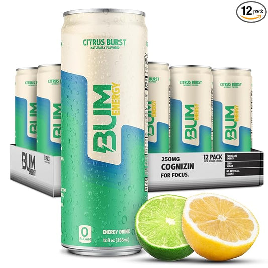 BUM Sugar-Free Energy Drink, Citrus Burst - Lightly Carbonated & No Artificial Colors, Natural Caffeine & Citicoline for Energy & Focus, Brain Boost & Workout Sports Beverage - 12 oz, Pack of 12