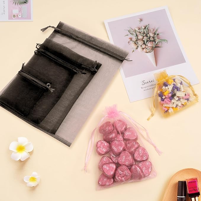 50 Pcs Organza Bags 5x7 Inch, Small Mesh Bags Drawstring Gift Pouches for Jewelry Candy Party Favor (Black)