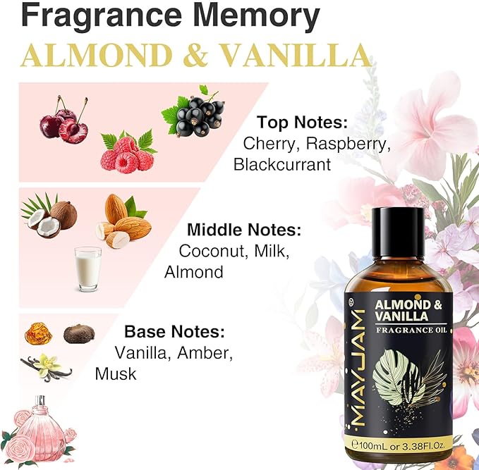 Almond & Vanilla Fragrance Oil Essential Oil, MAYJAM 3.38FL.OZ Almond & Vanilla Oil for Diffusers for Home, Long Lasting Scented Oils for Soap Candle Making - 100ML