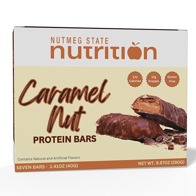 Nutmeg State Nutrition HealthyWise - High Protein Bars, Gluten Free, Low Calorie, Ideal Protein Compatible, 7 Servings Per Box (Caramel-Nut)