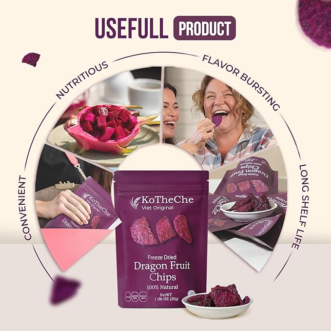 KOTHECHE Dragon Freeze Dried Fruit, 1.08 Oz (Pack of 4), Low Calorie Snacks, Gluten Free Snacks, Healthy Vegan Chips, No Sugar Added, Low Carb, Dehydrated Fruit, Resealable Bag for Kids and Adults