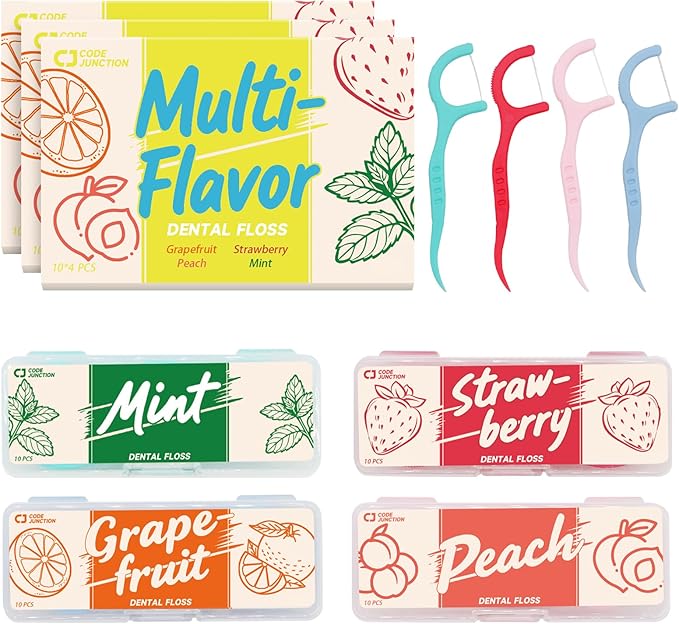 Travel Floss Picks, 4-Flavor Variety Pack (Mint, Strawberry, Grapefruit, Peach), 120 Count Dental Floss for Adults (3 Boxes of 4 Travel Packs)