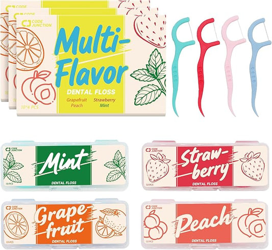 Travel Floss Picks, 4-Flavor Variety Pack (Mint, Strawberry, Grapefruit, Peach), 120 Count Dental Floss for Adults (3 Boxes of 4 Travel Packs)