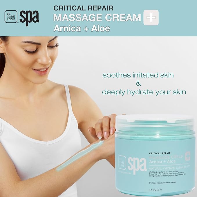 Be Care Love Spa Critical Repair Massage Cream with Organic Arnica and Organic Aloe Natural Vegan Clean Beauty Made in USA 16 fl oz