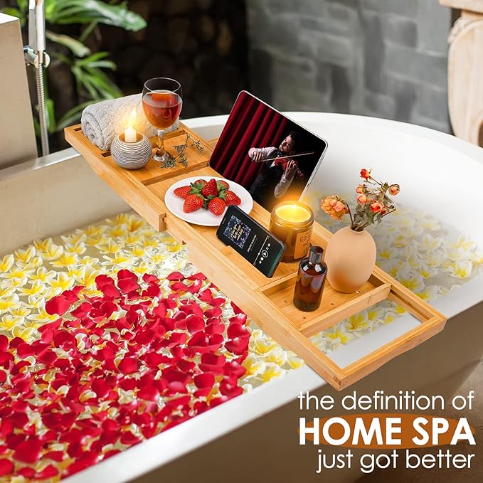 Foldable Bathtub Caddy Tray, Bamboo Bath Tub Tray Table for Tub with Wine Glass Holder Book Phone Tablet Holder with Extending Sides, Adjustable Bathroom Bathtub Free Soap Holder Gift Idea (Beige)