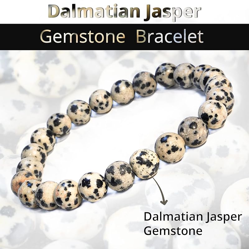 Dalmatian Jasper Bracelet, Healing Crystal Bracelet for Women and Men, 8mm Round Beaded Bracelet for Spiritual Healing, Protection, Positive Energy, Elastic Adjustable Size Gemstone Bead Bracelet