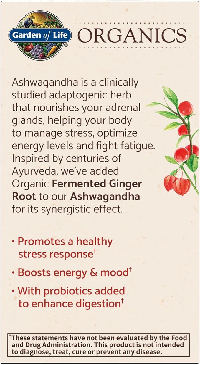 Garden of Life Organic Ashwagandha Supplement with Probiotics & Ginger - Stress, Mood & Energy Support, Vegan, Gluten Free, Non GMO, 2 Month Supply, 60 Tablets