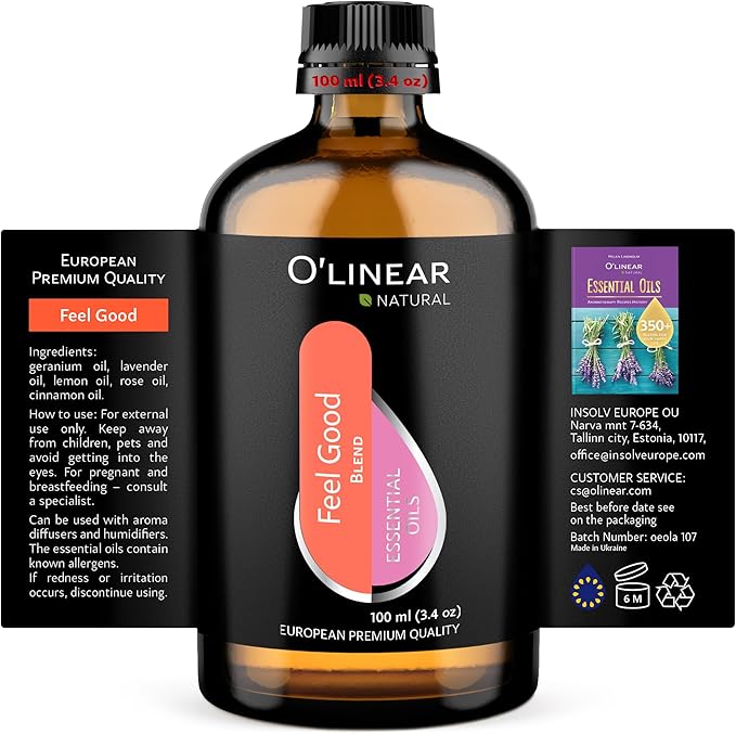 Premium Aromatherapy Essential Oil Feel Good Blend - 3.4 Fl Oz Happy & Relaxing Scent for Diffusers for Home - Relax Essential Oils for Humidifiers with Lavender Rose Lemon Cinnamon Geranium Aroma