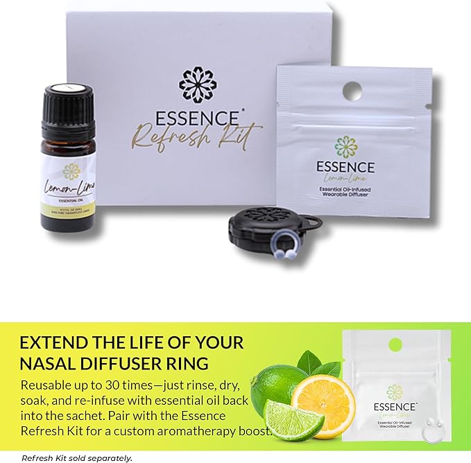 Essence Wearable Aromatherapy Nasal Diffuser – Lemon-Lime Essential Oil Nose Ring Silicone Inhaler for Stress & Mood Support - Made in USA & Travel-Friendly (3 Pack)