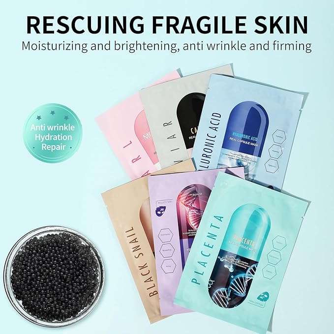 Hyaluronic Acid Face Masks Skincare for Women,Collagen& Snail Facial Masks,Hydrating Face Mask for All Skin Types (6Pack)
