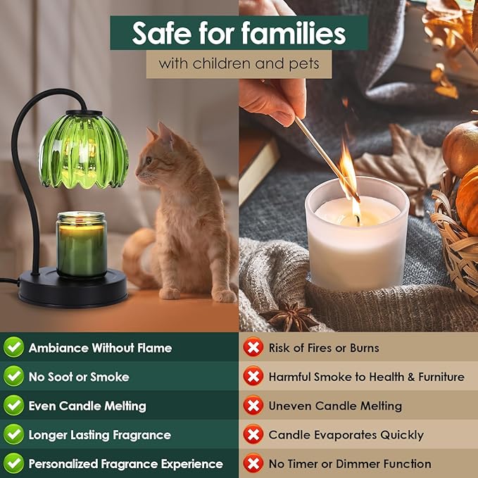 Dimmable Flower Candle Warmer Lamp with Timer, Aromatherapy Candle Lamp for Scented Candles, Modern Green Glass Candle Lamp Warmer, Gifts for Her, Home Bedroom Decor