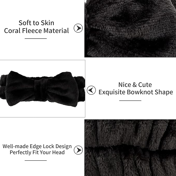 Casoty 8 Pcs Black Hairband, Soft Coral Fleece Skincare Headbands for Women Makeup, Hair Band for Washing Face, Makeup Headband for Face Washing Shower Skin Care Yoga, Bow Headbands for Adults