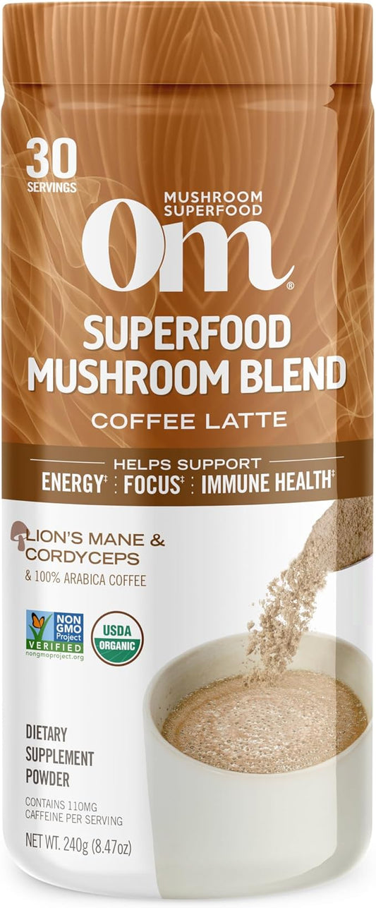 OM MUSHROOM SUPERFOOD Coffee Latte Blend Mushroom Powder, 8.47 Ounce Canister, 30 Servings, Lion's Mane, Cordyceps, Reishi, Chaga, Energy & Mental Clarity Support Supplement
