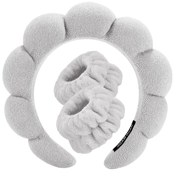 Spa Headbands for Washing Face Wristband Set Sponge Makeup Skincare Headband Wrist Towels Bubble Soft Terry Towel Cloth Hairband for Women Puffy Headwear Non Slip Thick Thin Hair Headwear (Gray)