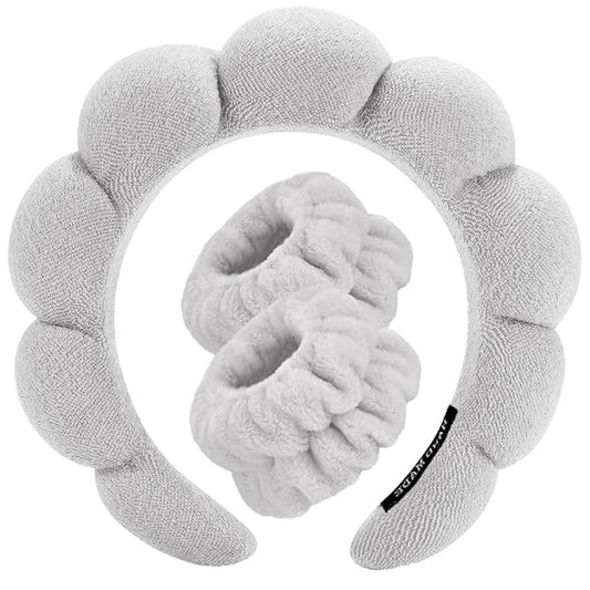 Spa Headbands for Washing Face Wristband Set Sponge Makeup Skincare Headband Wrist Towels Bubble Soft Terry Towel Cloth Hairband for Women Puffy Headwear Non Slip Thick Thin Hair Headwear (Gray)