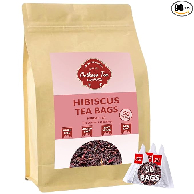 Ovikaso Tea, Hibiscus Tea Bags, Roselle Tea, 50 Pyramid Tea Bags, 2g/bag, 100% Natural, Non-GMO, No Caffeine, Brew Hot or Iced Tea, Baking, Cocktail, Rich in Antioxidants