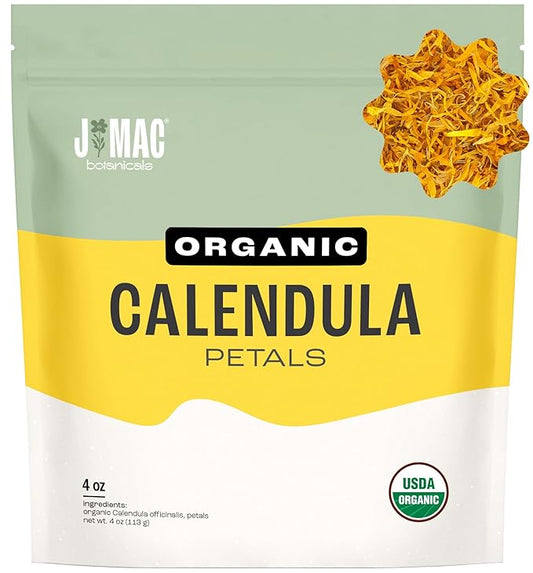 J Mac Botanicals, Organic Calendula Petals (4 oz) edible dried flowers, pairs well with rose petal for ice cubes, cooking, beverages, and bath bombs