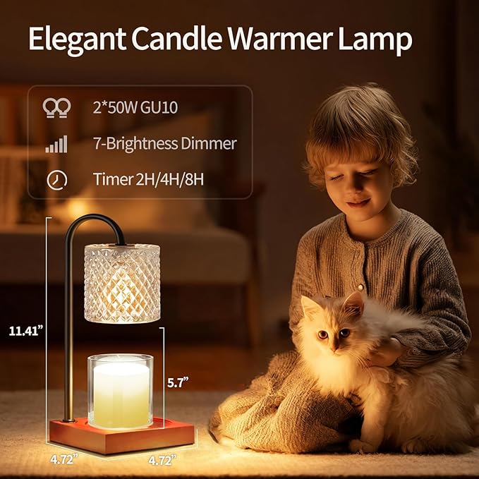 Candle Warmer Lamp, Candle Lamp Wax Warmer, Timer & Dimmer 7-Levels, Fits Cup Jar Candle, Top Melting, Crystal Heater Lamp for Scented Wax, Elegant Home Decor, Clear & Brown
