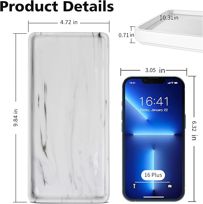 Gurygo 10" Bathroom Tray for Counter, Ceramic Vanity Trays for Bathroom, Small Rectangle Ceramic Trays, Kitchen Soap Ceramic Tray for Kitchen Counter, (Marble White, Set/1)