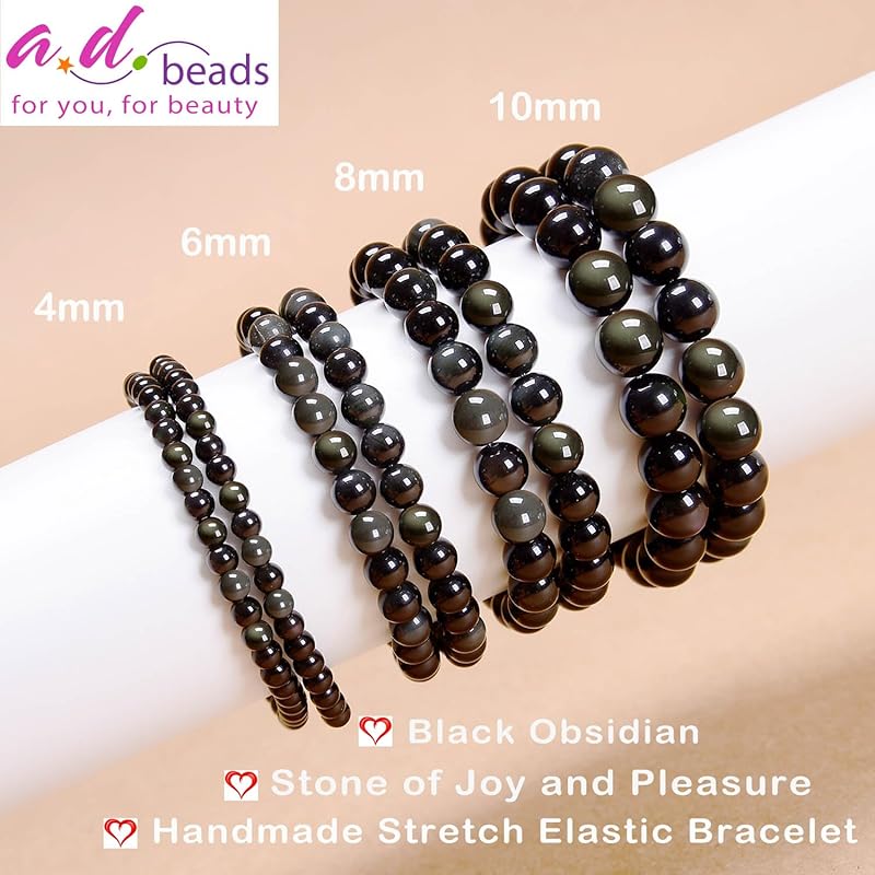 AD Beads Handmade Gemstone Stretch Elastic Bracelet Crystal Healing Reiki Nature's Beauty and Spiritual Essence Unisex (10mm, Black Obsidian (Pleasure))